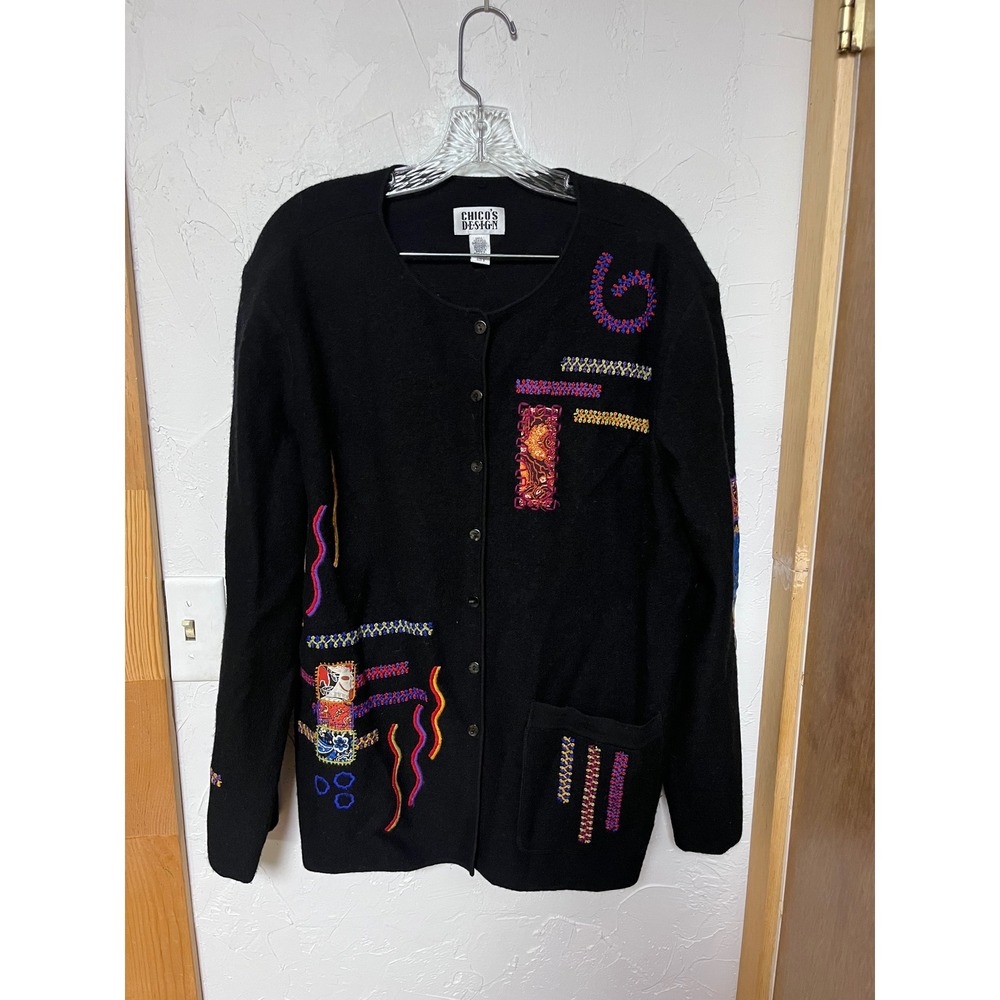 Chicos Design Black Embroidered Wool‎ Patchwork Artsy Cardigan Sweater Size 3/XL
